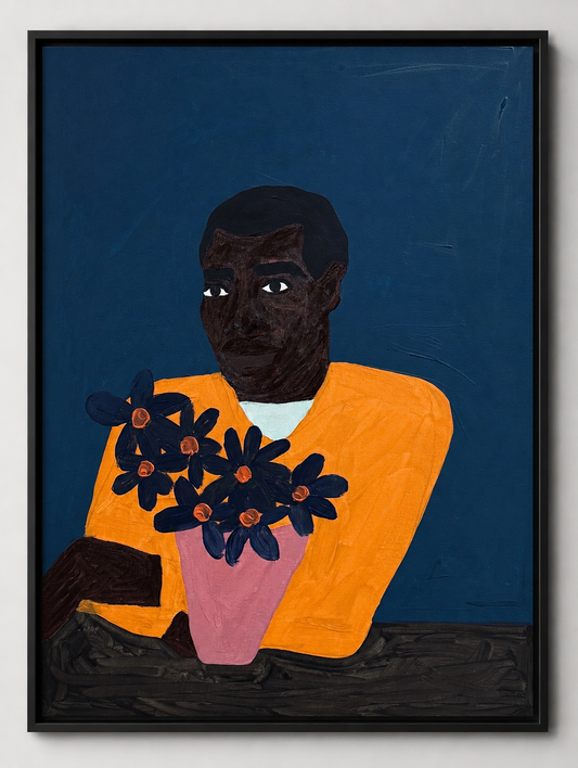 O homem preto e as flores Tela emoldurada